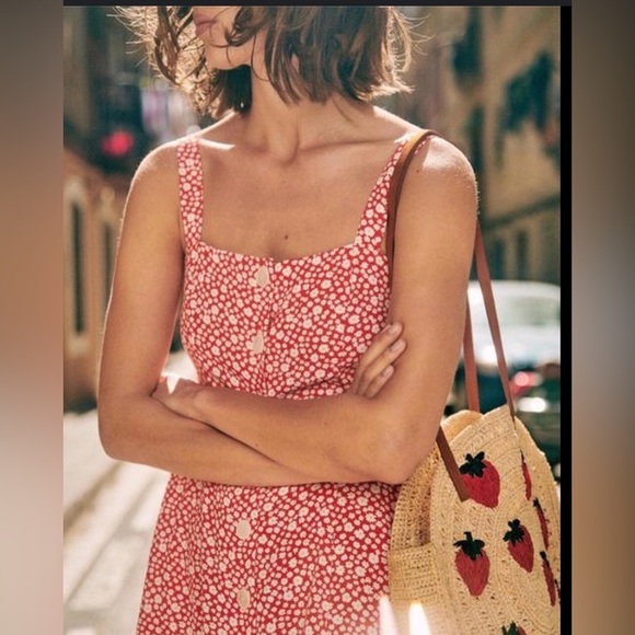 Sezane Robe Jade Sunflower Button Sundress FR 40 US 8 - Red & White Floral - Picture 2 of 9